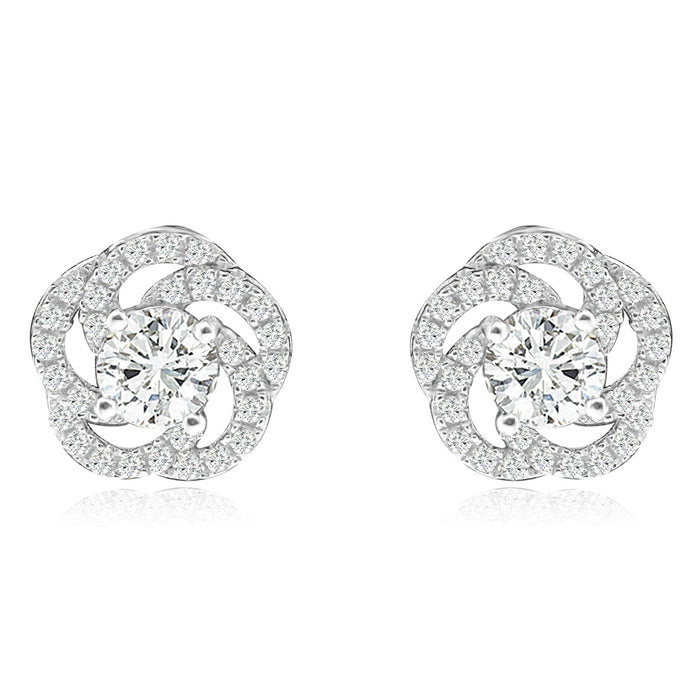 Sterling Silver Rhodium Plated and CZ Flower Screw Back Stud Earrings