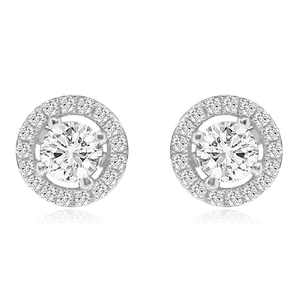 Sterling Silver Rhodium Plated and CZ Halo Screw Back Stud Earrings