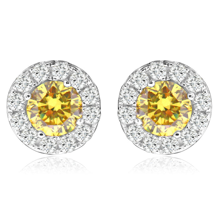 Sterling Silver Rhodium Plated with Simulated Gemstone and CZ Halo Screw Back Stud Earrings