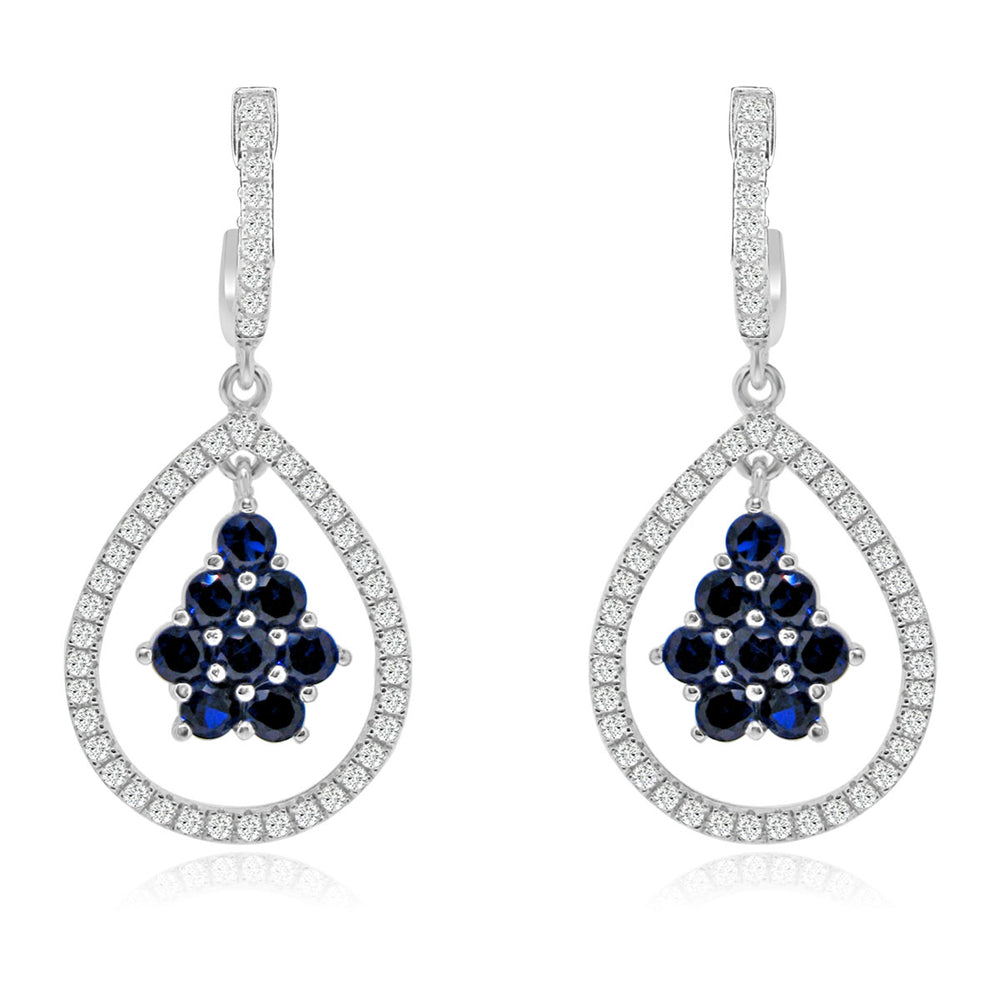 Sterling Silver Rhodium Plated with Simulated Sapphire and CZ Pear shape Dangle Earrings