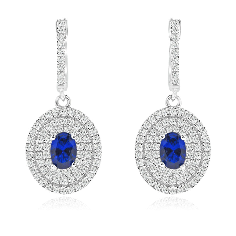 Sterling Silver Rhodium Plated with oval shape Simulated Sapphire and CZ Dangle Halo Earrings