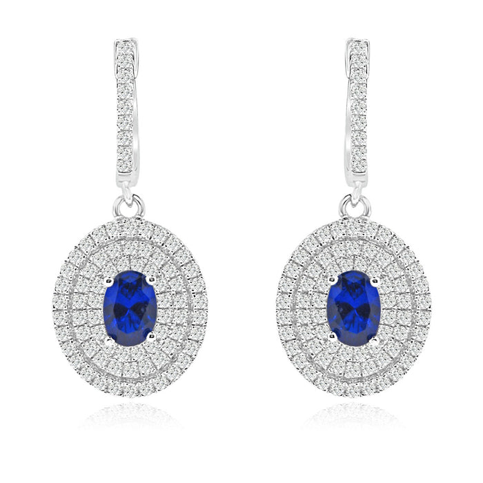 Sterling Silver Rhodium Plated with oval shape Simulated Sapphire and CZ Dangle Halo Earrings