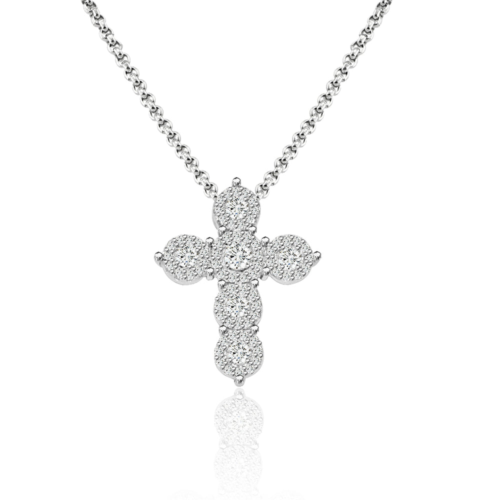 Sterling Silver Rhodium Plated and CZ Cross Necklace