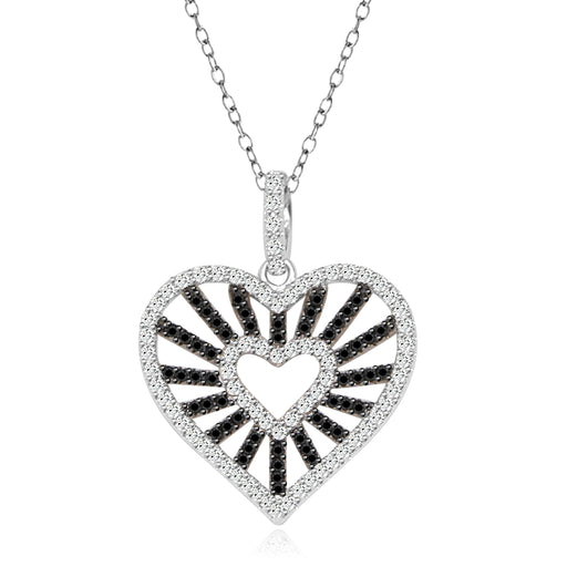 Sterling Silver Rhodium Plated Black and White CZ Heart Necklace