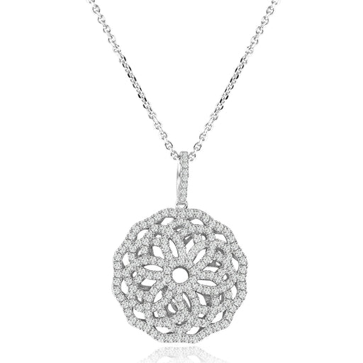 Sterling Silver Rhodium Plated and CZ Ornate Flower Necklace