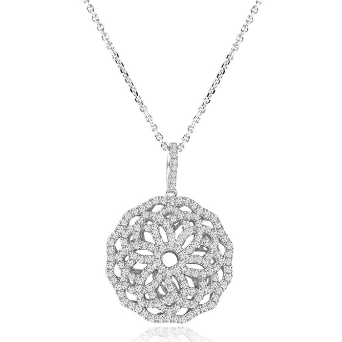 Sterling Silver Rhodium Plated and CZ Ornate Flower Necklace