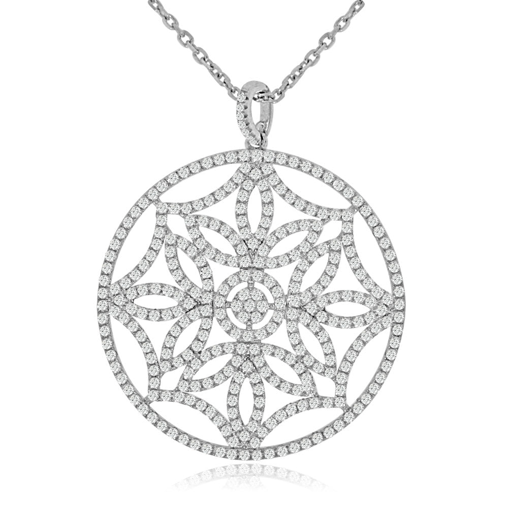 Sterling Silver Rhodium Plated and CZ Flower Wheel Necklace
