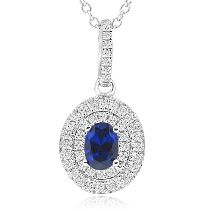 Sterling Silver Rhodium Plated with oval Simulated Sapphire and CZ Halo Necklace