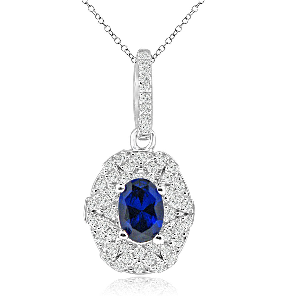 Sterling Silver Rhodium Plated with Simulated Sapphire and CZ Necklace