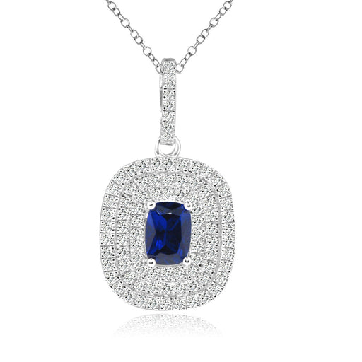 Sterling Silver Rhodium Plated with Simulated Sapphire and CZ Halo Necklace