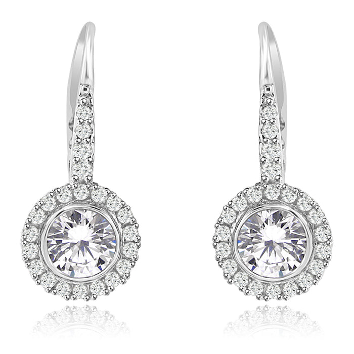 Sterling Silver Rhodium Plated and Round shape CZ Halo Drop Dangle Earrings
