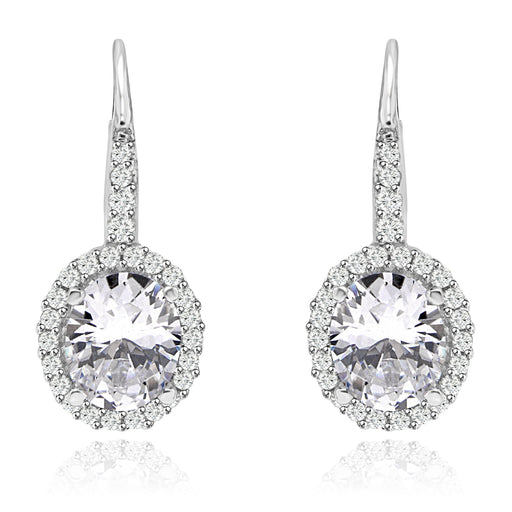 Sterling Silver Rhodium Plated and Oval shape CZ Halo Drop Dangle Earrings