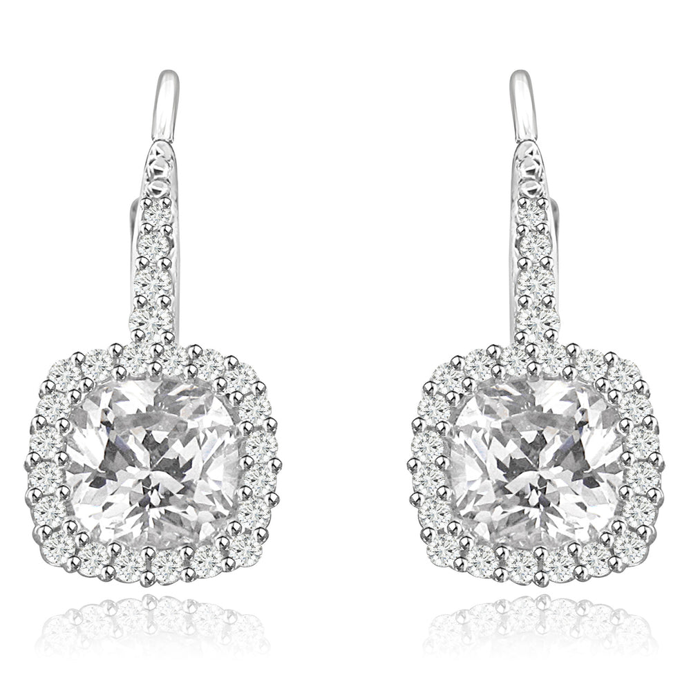 Sterling Silver Rhodium Plated and Cushion shape CZ Halo Drop Dangle Earrings