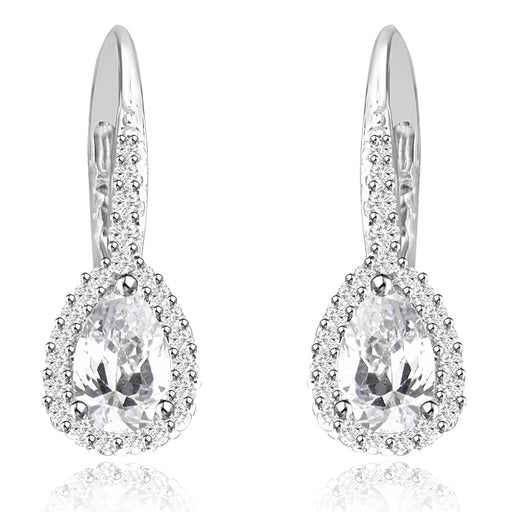 Sterling Silver Rhodium Plated and Pear shape CZ Halo Drop Dangle Earrings