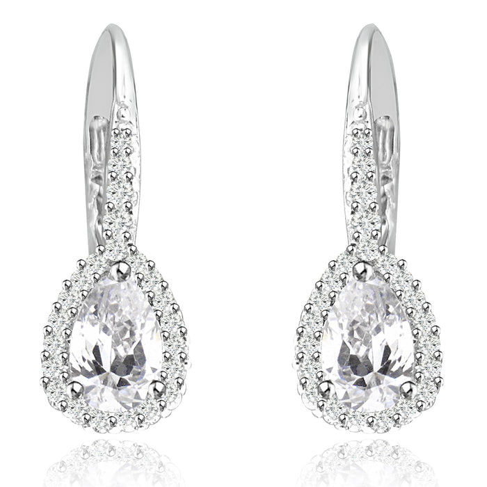 Sterling Silver Rhodium Plated and Pear shape CZ Halo Drop Dangle Earrings