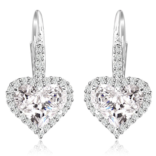 Sterling Silver Rhodium Plated and Heart shape CZ Halo Drop Dangle Earrings