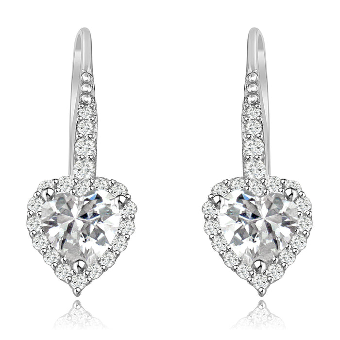 Sterling Silver Rhodium Plated and small Heart shape CZ Halo Drop Dangle Earrings